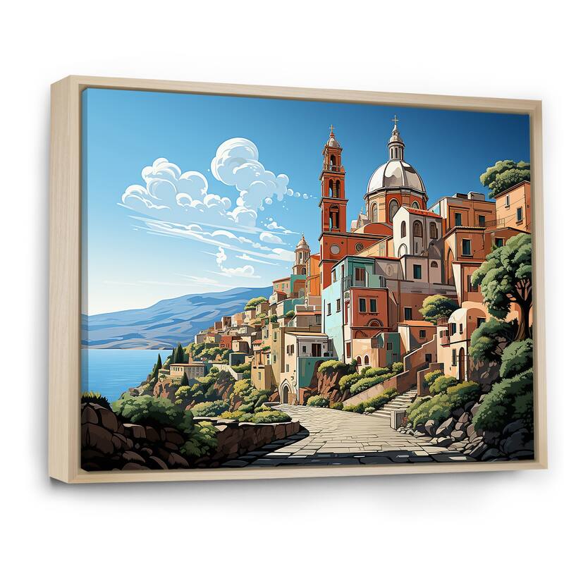 Designart "Italian Village By The Coast II" Landscape Italy Green Wall Decor - Global Entryway Framed Wall Art