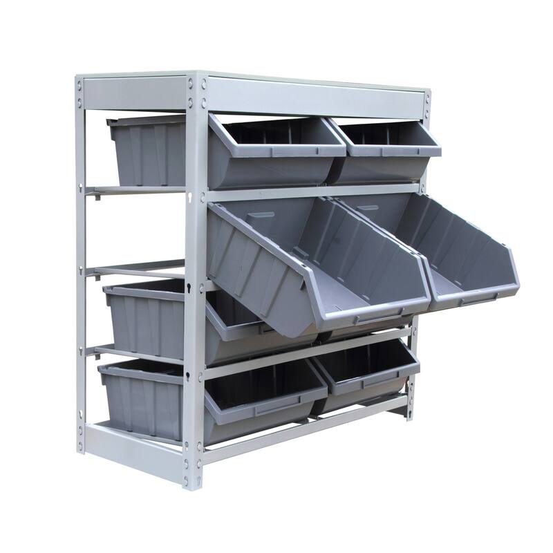 King's Rack Bin Rack Boltless Steel Storage System Organizer w/ 8 Plastic Bins in 4 tiers.