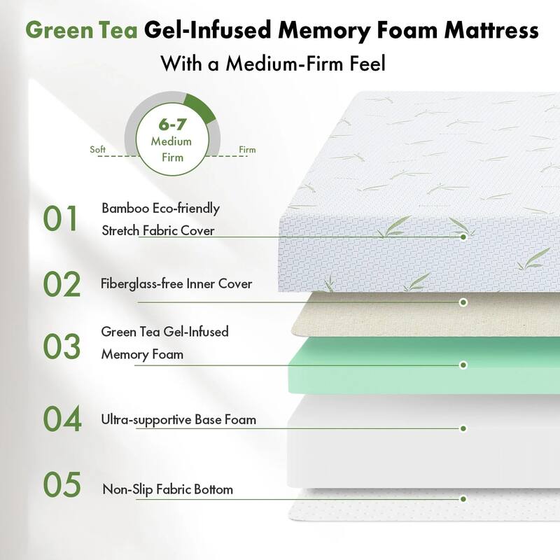 Mattress in a Box, 6 inch Cooling Gel Green Tea Memory Foam Mattresses, Medium Firm Bed Mattress