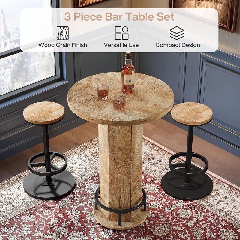 Industrial Round Bar Table with 2 barstools, Pub Table for Kitchen Nook, Apartment, Small Space