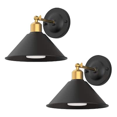 YANSUN Single-Head Bell Shade Wall Light, E26 with 3000mAh Rechargeable Battery, Infrared Remote, Black and Gold Finish,Set of 2