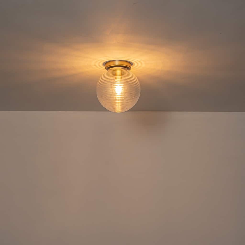 9.84 in. 1-Light Modern Brushed Gold Ribbed Clear Glass Globe Semi-Flush Mount Ceiling Light - 9.84 in. W x 10.63 in. H