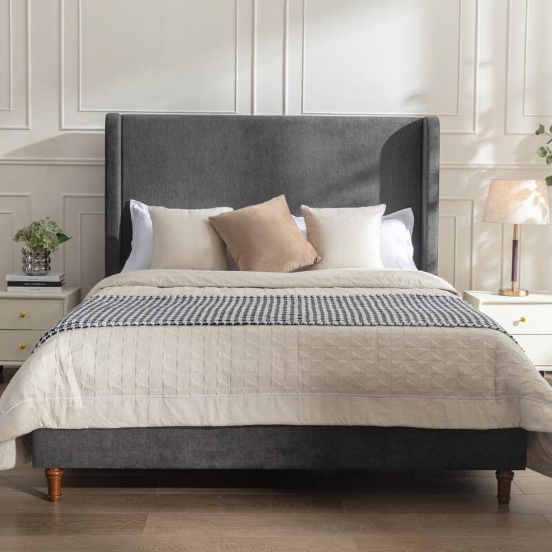 54" High Tall Headboard Velvet Upholstered Bed - Queen - Grey