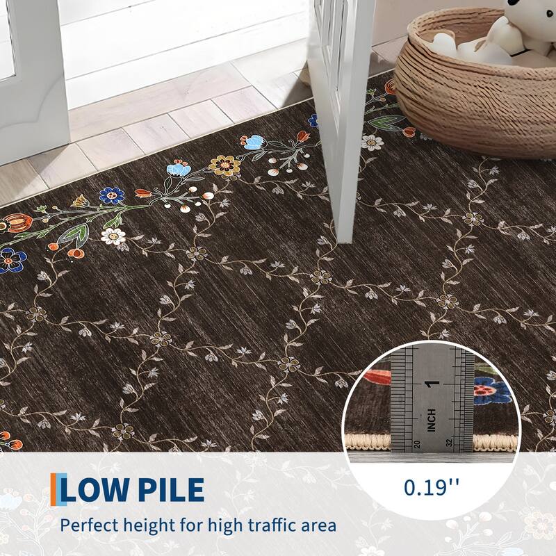 Floral Area Rugs for Living Room Low Pile Non Slip Rugs Washable Soft Foldable Accent Carpet Home Decor