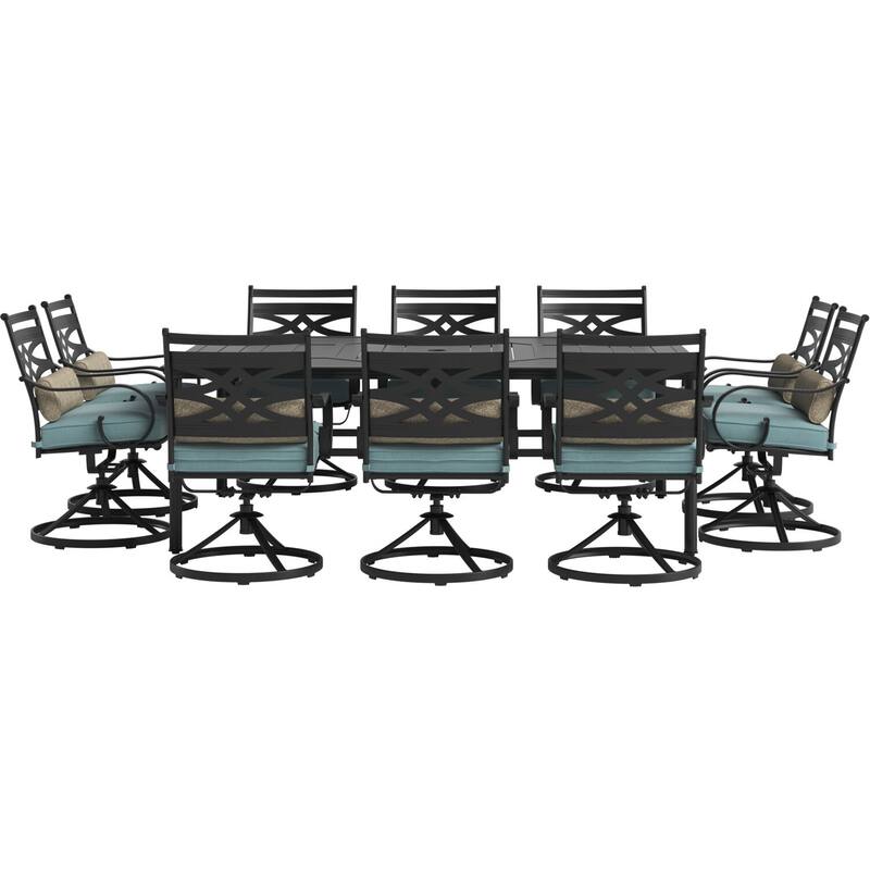 Hanover Montclair 11-Piece Dining Set in Ocean Blue with 10 Swivel Rockers and a 60-In. x 84-In. Table