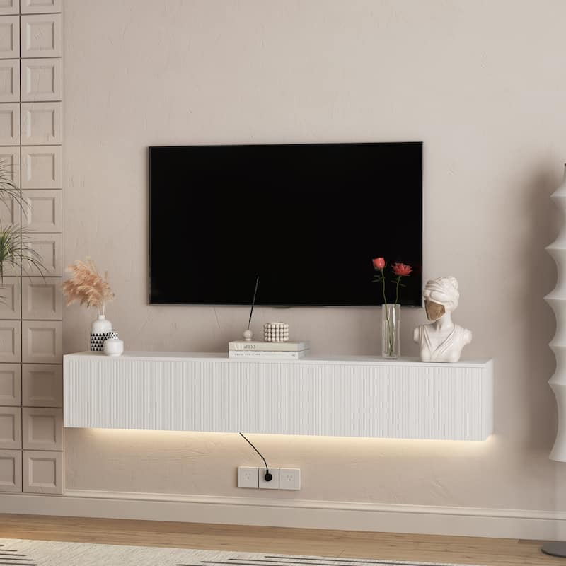 Modern LED Floating TV Stand, White Wall TV Storage Cabinet with Flap Doors, Wood Media Console for TVs Up to 69"