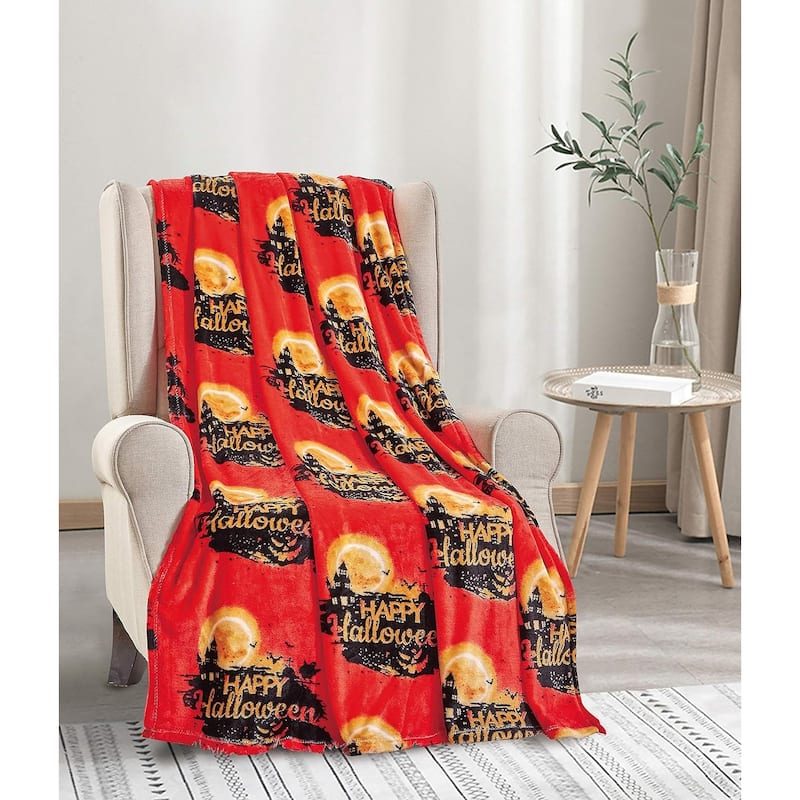 Spooky Nights Collection by Décor&More Microplush Happy Halloween Holiday Haunted House Throw Blanket (60" x 50")