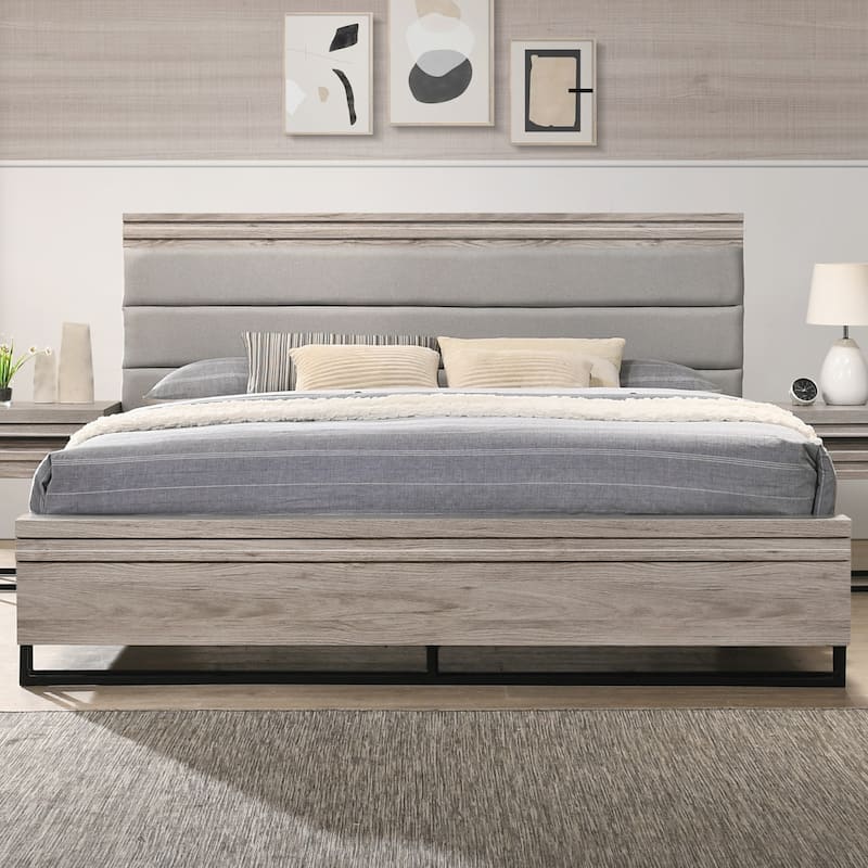 Roundhill Furniture Alvear Upholstered Wood Panel Bed, Dresser, Mirror, and Nightstand, Weathered Gray