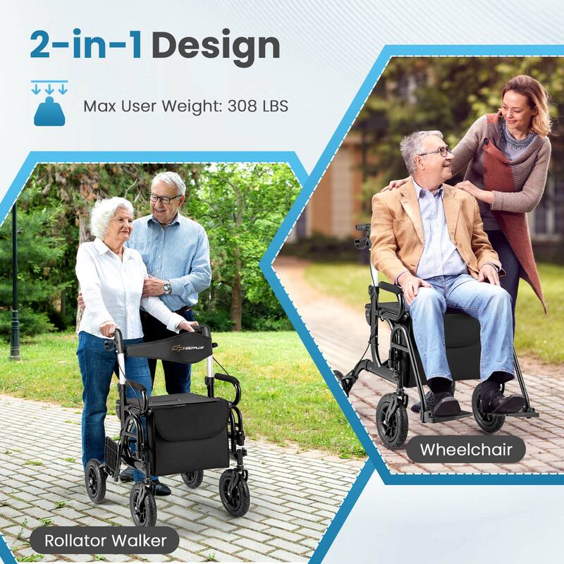 Goplus 2-in-1 Rollator Walker for Seniors with Seat 9" Pneumatic Tires - See Details