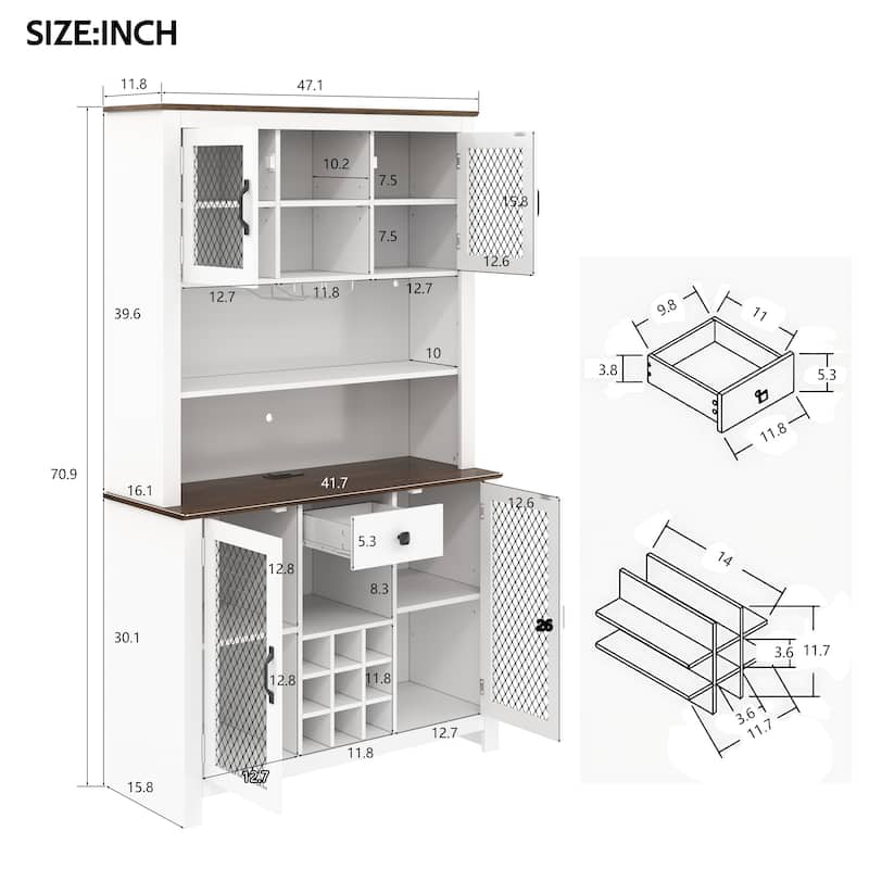 Anmytek 70.9 Inch White Kitchen Pantry Storage Cabinet Rustic Buffet with LED Outlets Wine Rack