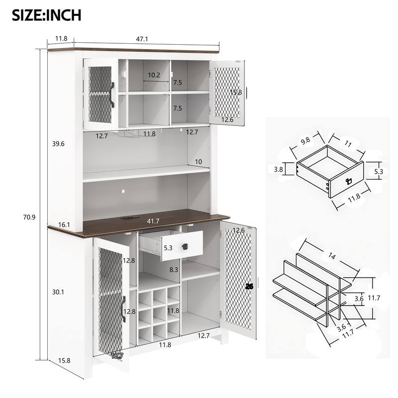 Rustic 70.9" Kitchen Hutch Pantry with LED Lights, AC/USB Outlets, Wine Bottle Rack, Glass Storage and Adjustable Shelves
