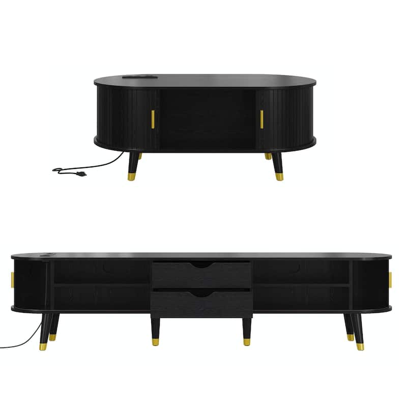Roomfitters Mid-Century TV Stand and Coffee Table Set with Solid Wood Legs, Oval Fluted Media Console for TVs up to 80", Black