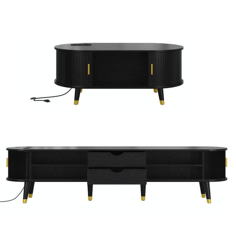 Wooden Tv Stand & Coffee Table Set With Charging Station,Sliding Doors For Tvs Up To 80",Table With Solid Wood Legs