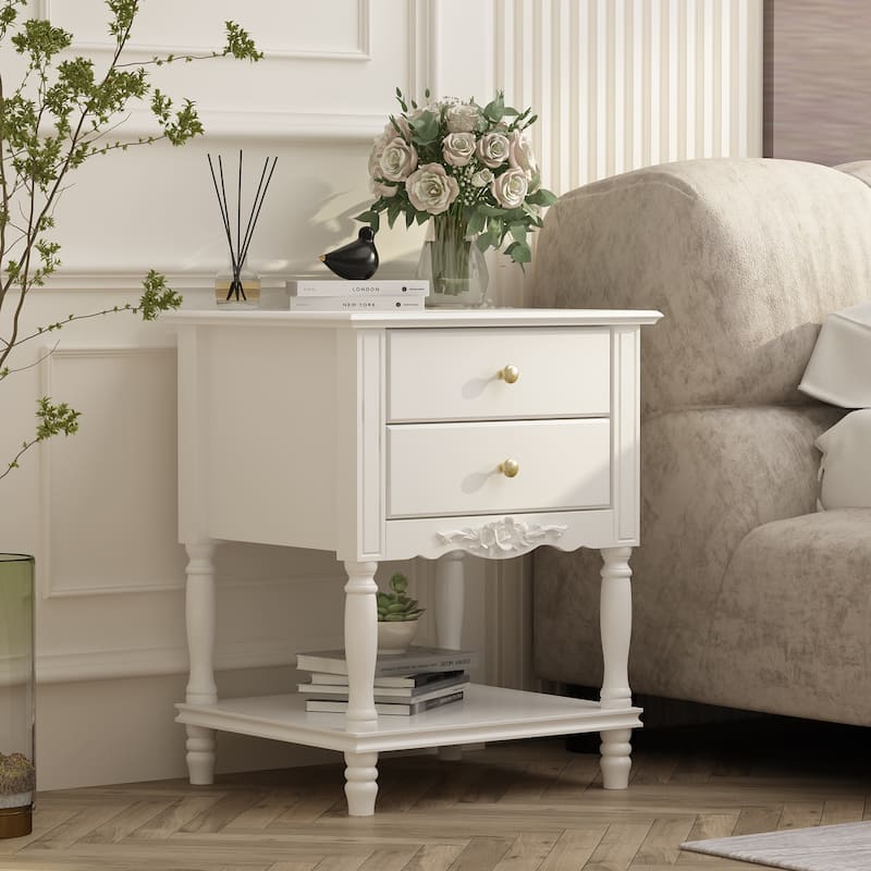 Nightstand Side Tables Drawers and Open Storage Shelf White Lacquer - White