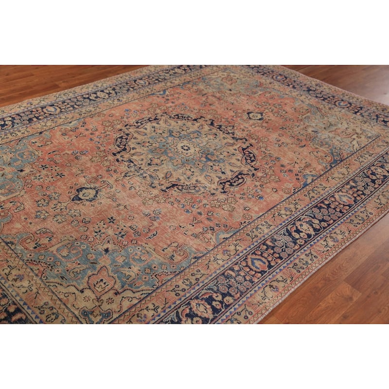 Medallion Pink Mashad Persian Vintage Area Rug Handmade Wool Carpet - 6'5" x 9'4"
