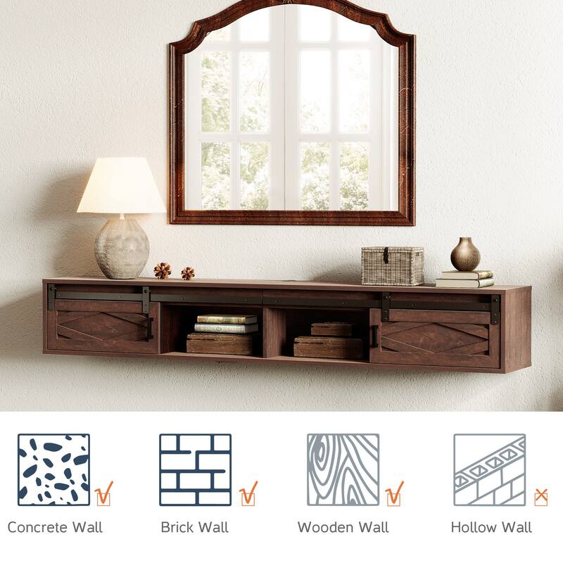 Sliding Barn Door Floating TV Stand with Charging Station