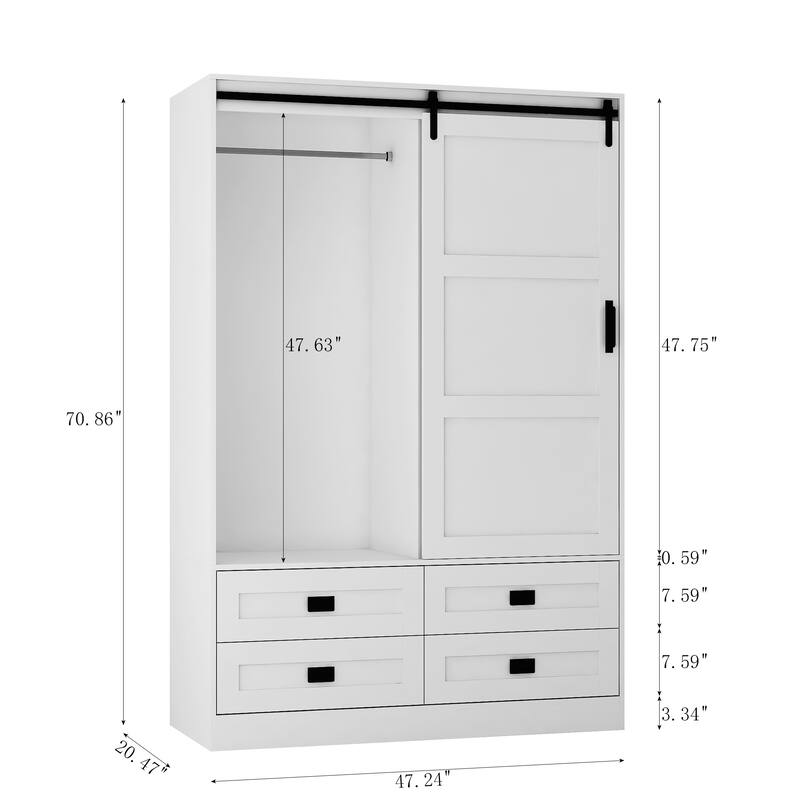 Classic Sliding Barn Door Wardrobe Bedroom Armoire Closet Clothing Storage Cabinet with Hanging Rod, Drawers & Open Shelves