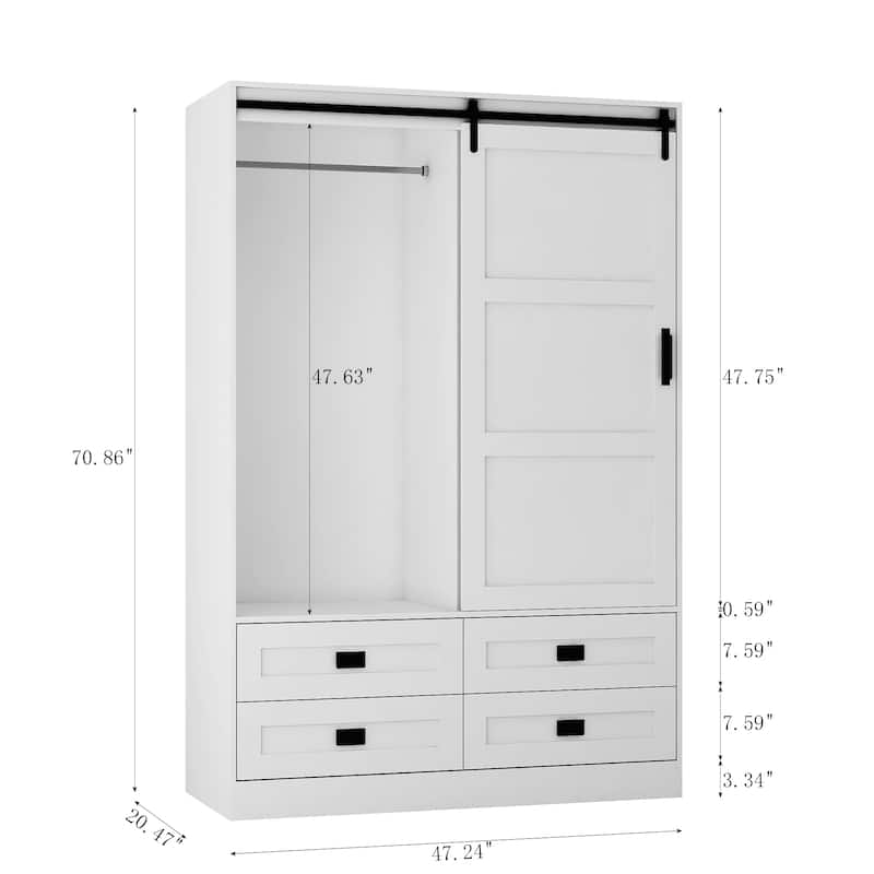 Tall Armoire Wardrobe Closet with Hanging Rod Barn Door 4 Drawers and 3 Open Shelves MDF Bedroom Storage Cabinet