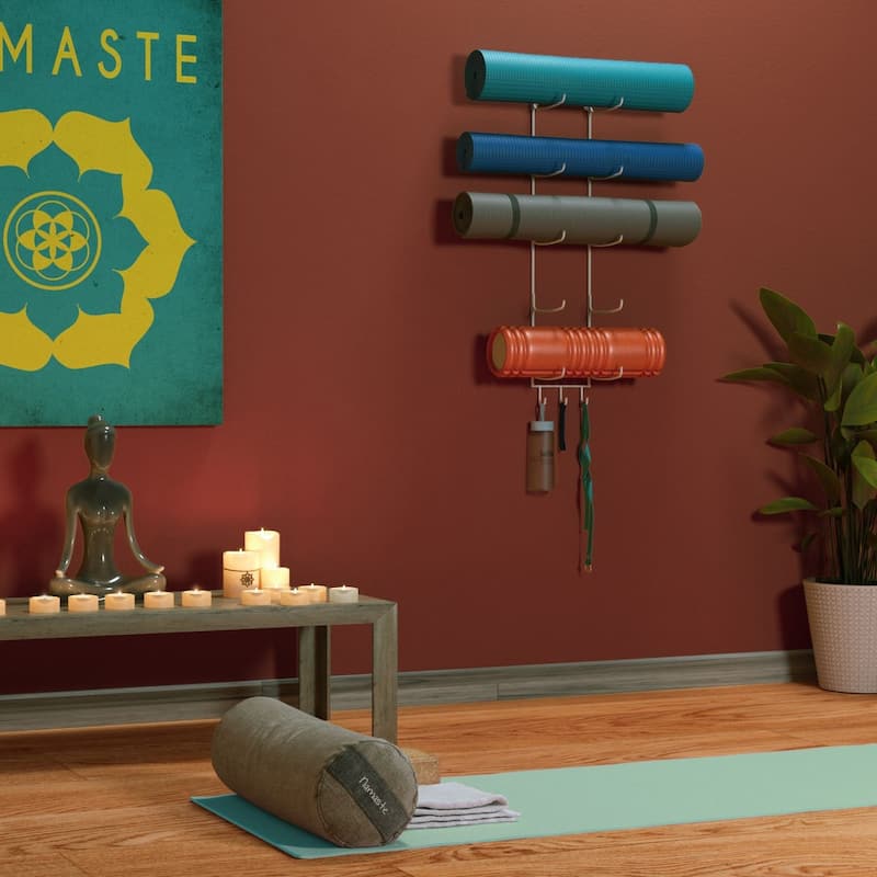 Wallniture Guru 5-Sectional Wall Mount Foam Roller and Yoga Mat Holder with 3 Hanging Hooks