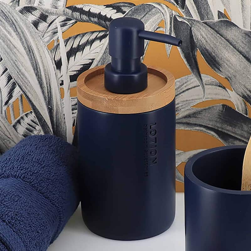 Elegant Soap Dispenser - Polyresin and Bamboo Design, Refillable Liquid Pump - 3 L x 3 W X 7 h - Navy Blue