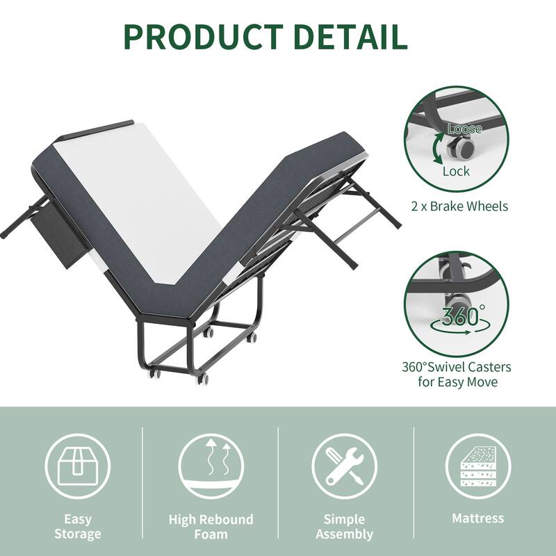 75" Folding Bed with Adjustable Headboard & 5" Memory Foam, Space Saving Rollaway Guest Bed for Tall People, Twin Cot on Wheels