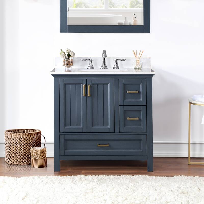 Altair Isla Single Bathroom Vanity Set and Aosta White Countertop without Mirror - 36 - Classic Blue + Brushed Brass Hardware
