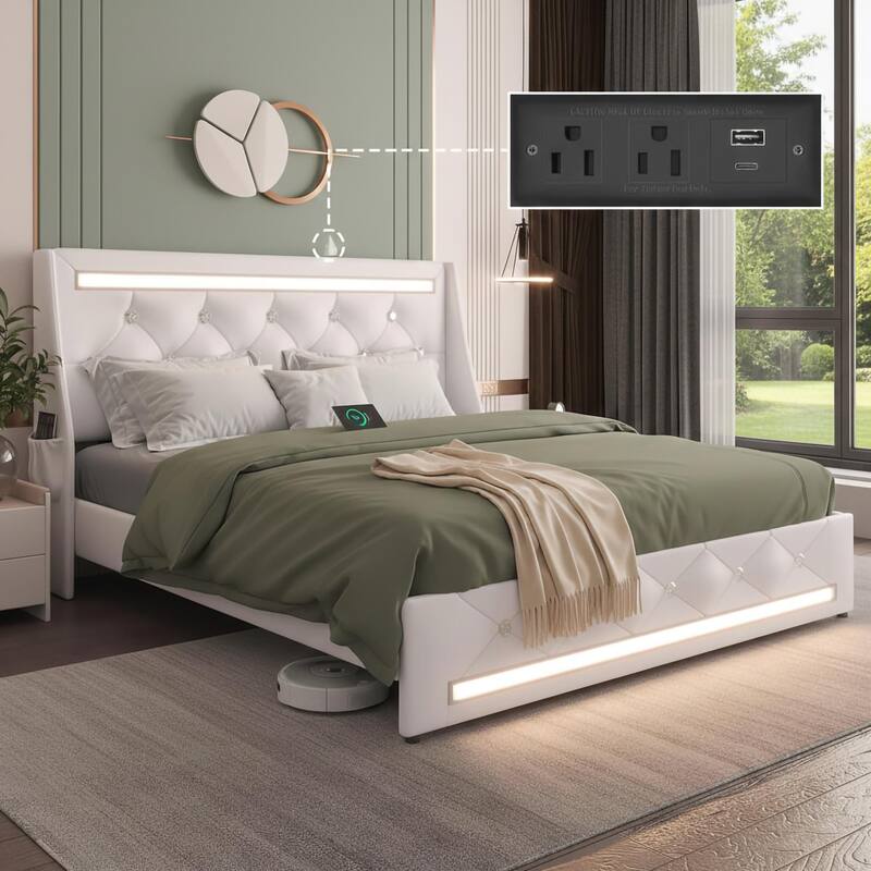 Queen Bed Frame with LED Lights, Upholstered Bed Frame with Charging Station, Platform Bed with Diamond Headboard, Wooden Slats