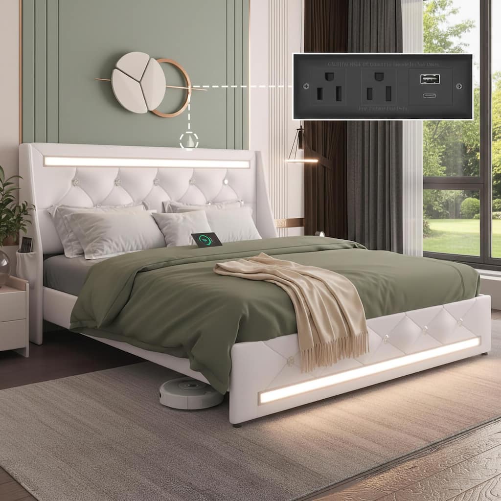 White Queen Size Bed Frame with LED Lights & Upholstered Headboard