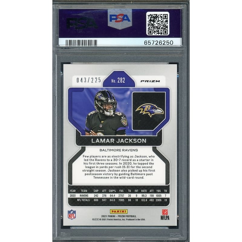 Lamar Jackson 2021 Panini Prizm Purple Ice Football Card #282 PSA 10 43/225 - 8'6" x 11'6"