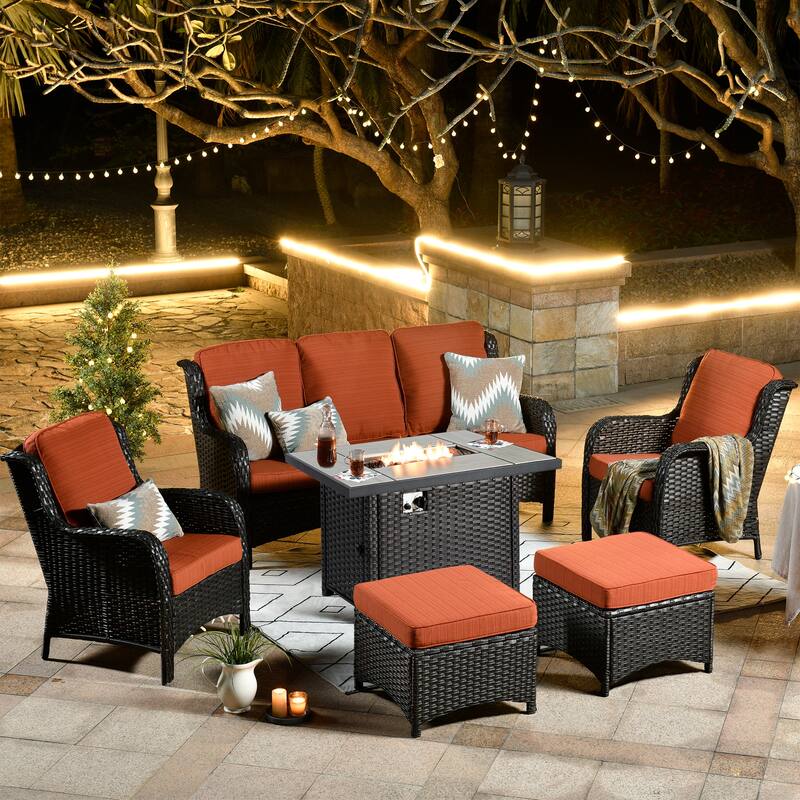 OVIOS 6-piece Patio Wicker Furniture Set With 42" Fire Pit Table - Red/Orange