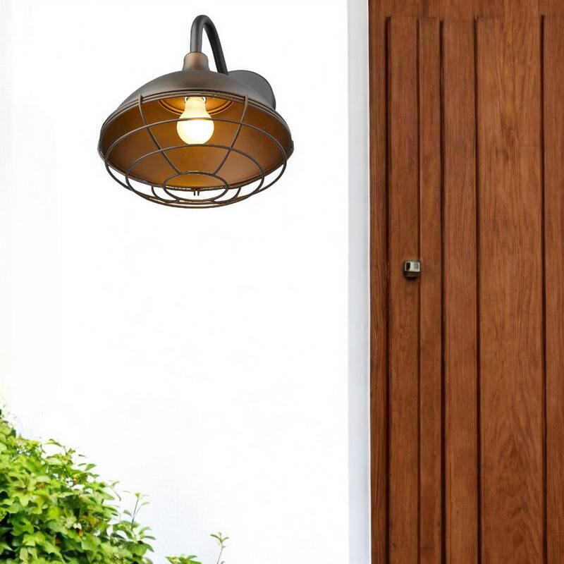 1-Light Farmhouse Style Outdoor Wall Sconce Light Fixture in Oil-Rubbed Bronze Finish with Wire Cage