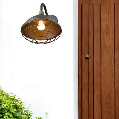 1-Light Farmhouse Style Outdoor Wall Sconce Light Fixture in Oil-Rubbed Bronze Finish with Wire Cage