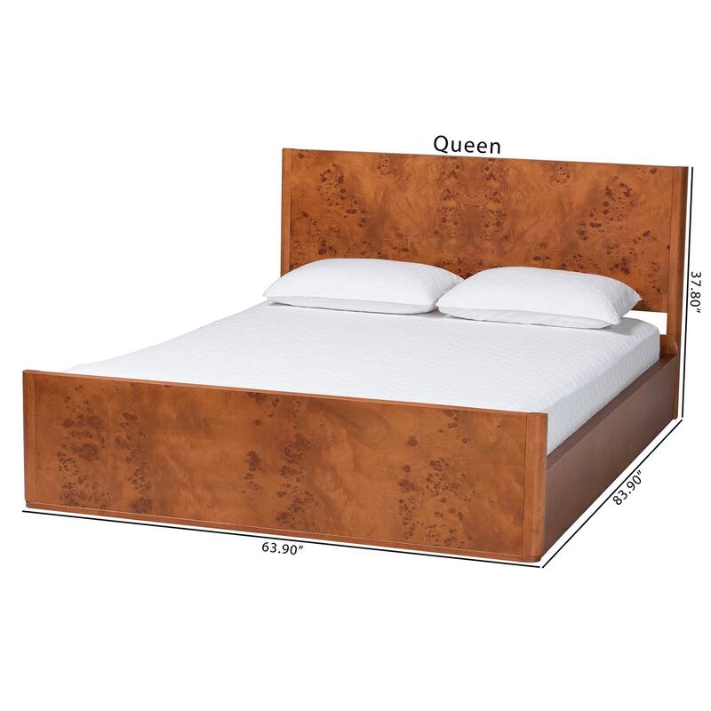 Fuentes Real Burl Wood Bed Frame - Modern Low-Profile Platform Bed with Accent Footboard, Mid-Century Inspired Furniture, Queen