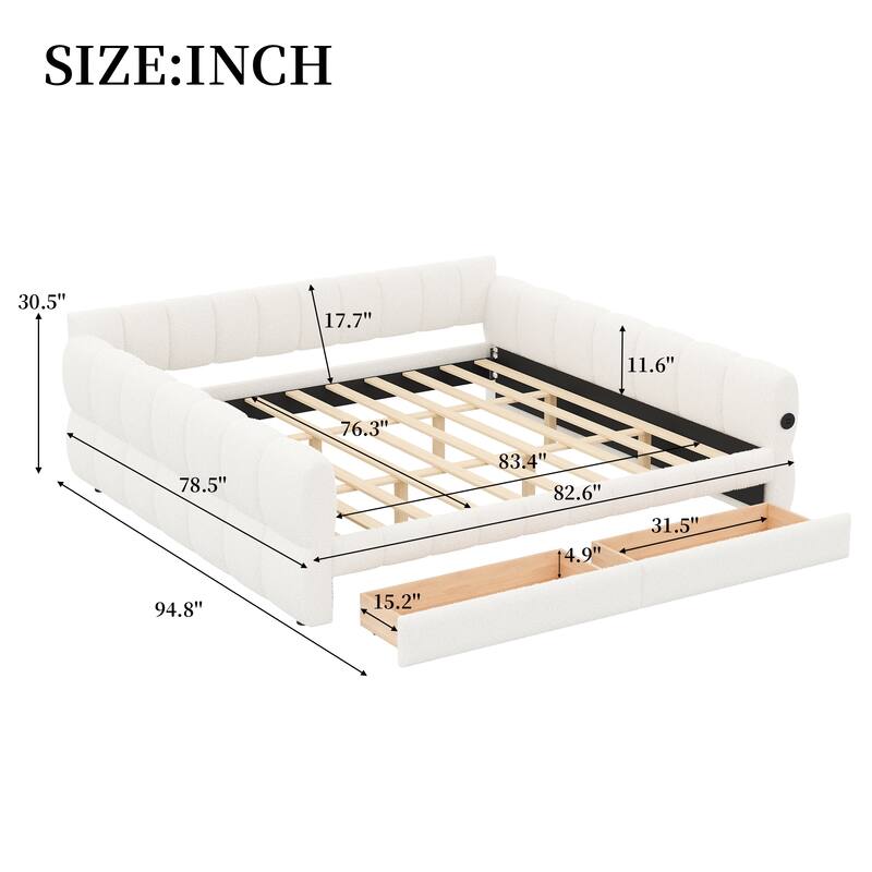 Upholstered Daybed with USB and Optional Platform Storage Bed with 2 Storage Drawers or Low Profile Sofa Bed with Trundle Bed