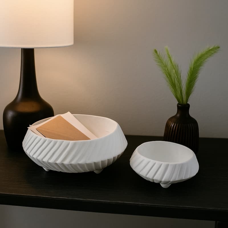 Pottery Tapered Footed Sculpted Textured Bowls-Set of 2-11",15" - 15.0" - White