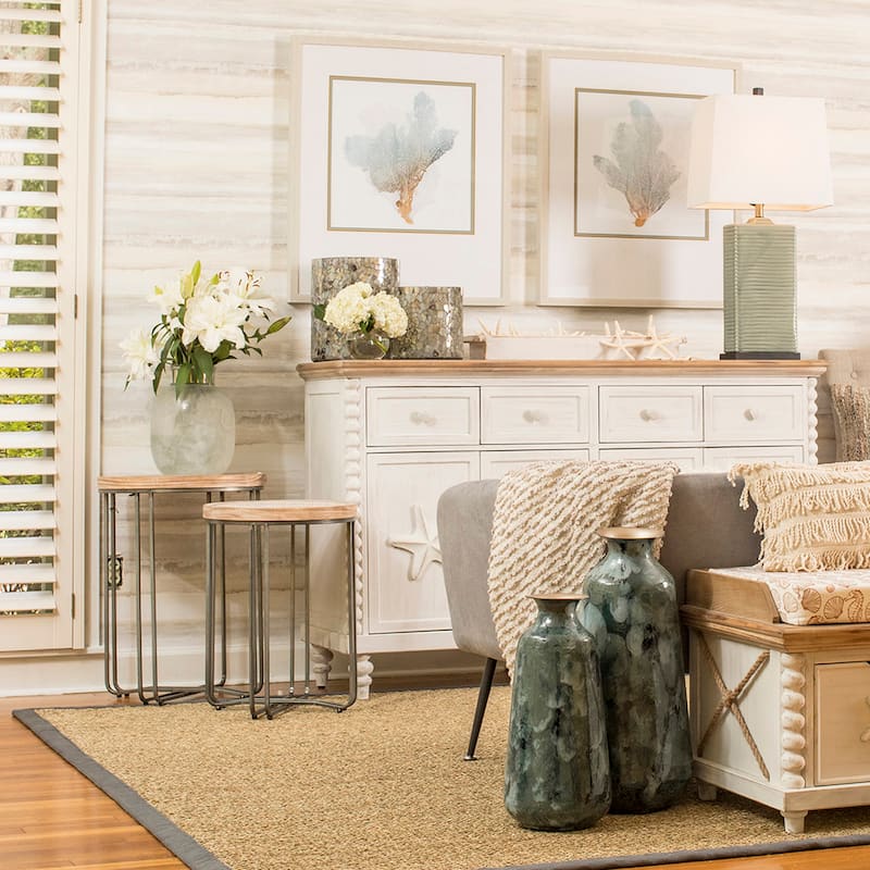 Porch & Den Larrabee Woven Rattan/ Wood Removable Top Round Metal Nesting Table (Set of 2)