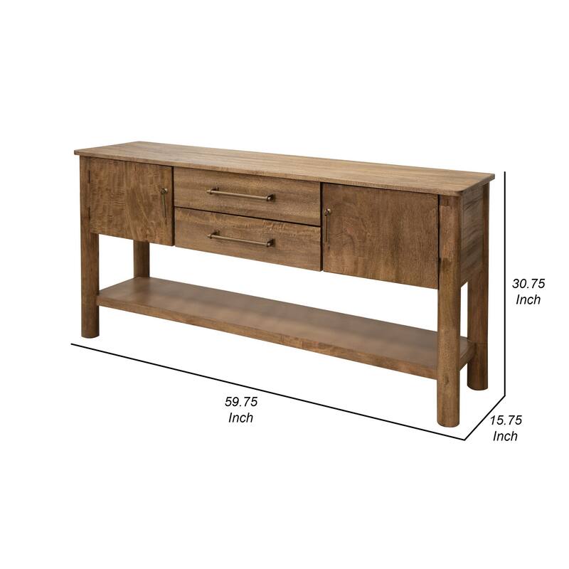 Olum 60 Inch Sofa Table, 2 Drawers, Lower Shelf, Solid Mango Wood, Brown