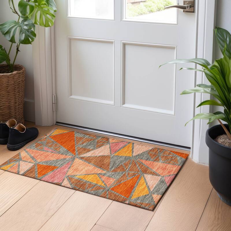 Machine Washable Indoor/ Outdoor Abstract Mosaic Chantille Rug - Rust - 1'8" x 2'6"