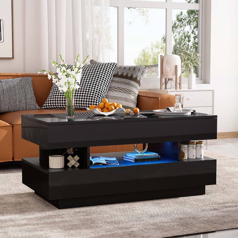 Multi-Functional Lift-Top Coffee Table with 2 Drawers,with High-Gloss Finish for Living Room