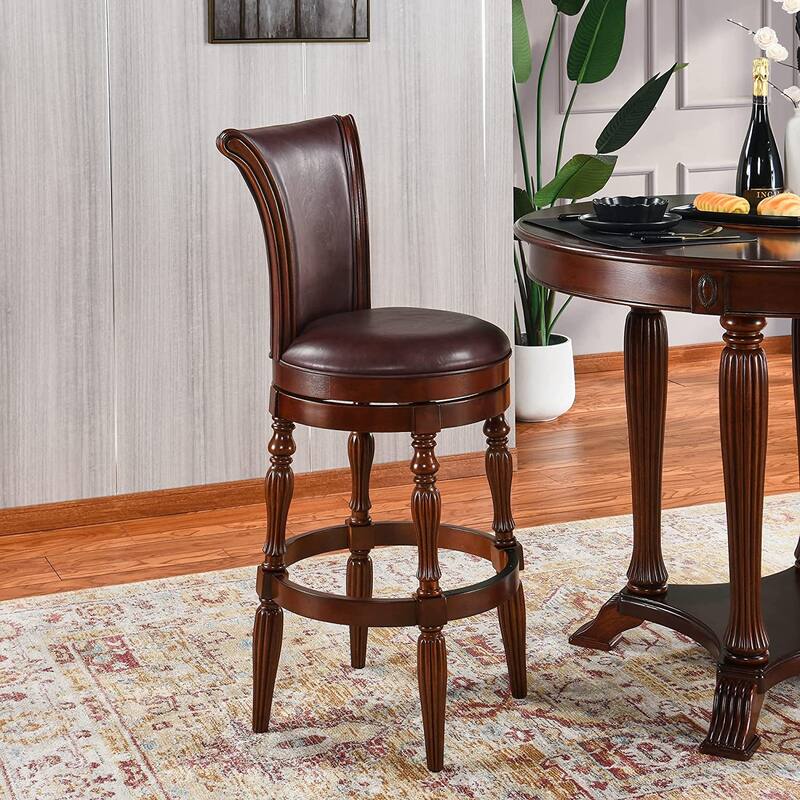 Solid Wood Swivel Bar Stool Carved Hardwood Rotatable Pub Height Stools - Single -  Cherry Burgundy