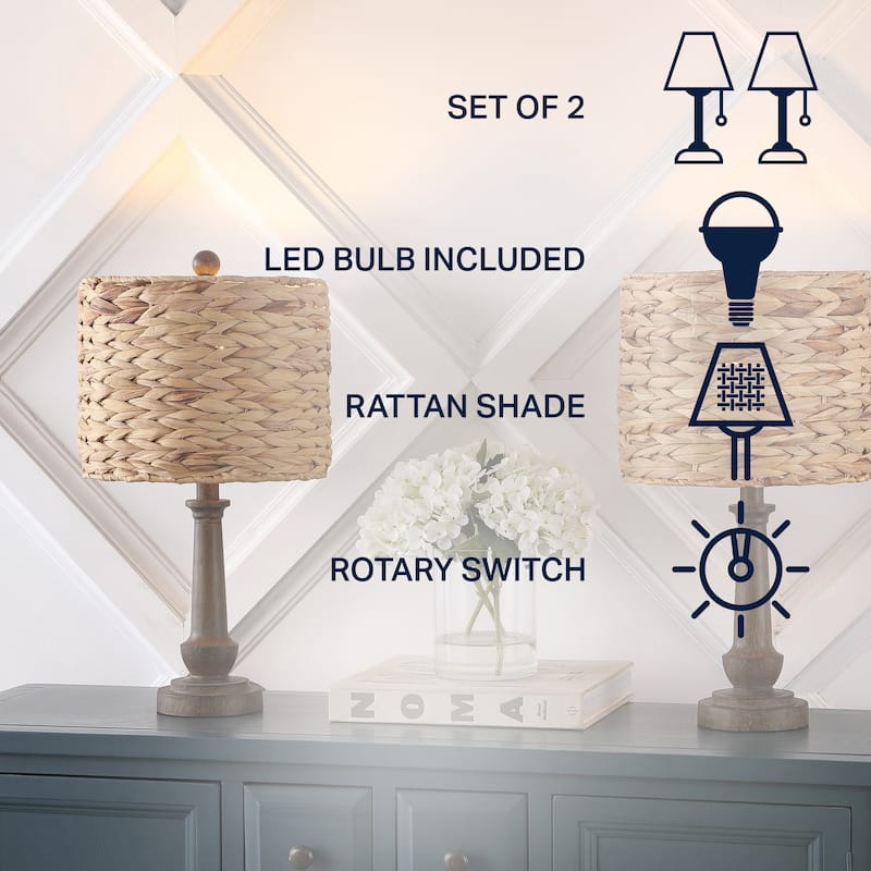Reese 21.25" Rustic Farmhouse Handwoven Rattan/Resin LED Table Lamp, Brown Wood Finish (Set of 2) by JONATHAN Y