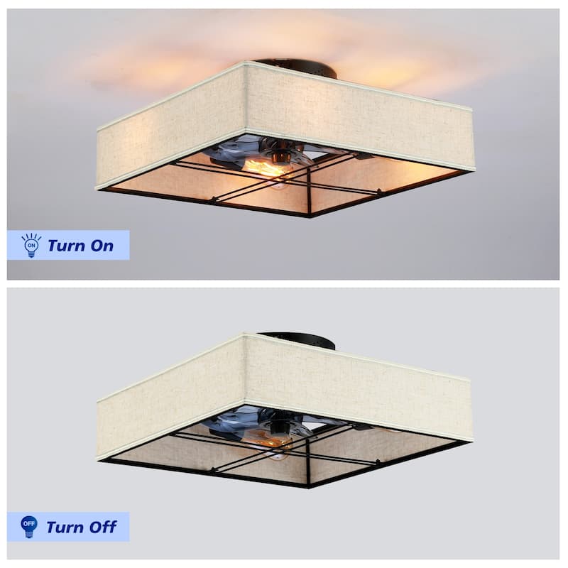 16.6"Square Fabric Flush Mount Ceiling Fan,Reversible Motor,DC Remote Control,7 PCS PC Blades,6 Speed Ceiling Fan,Timing