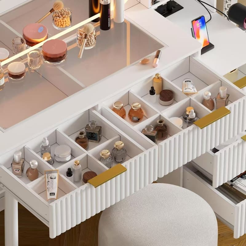 Makeup Vanity with Lighted Mirror, 54" Dressing Table with Glass Top, 11 Storage Drawers & Adjustable LED Lighting