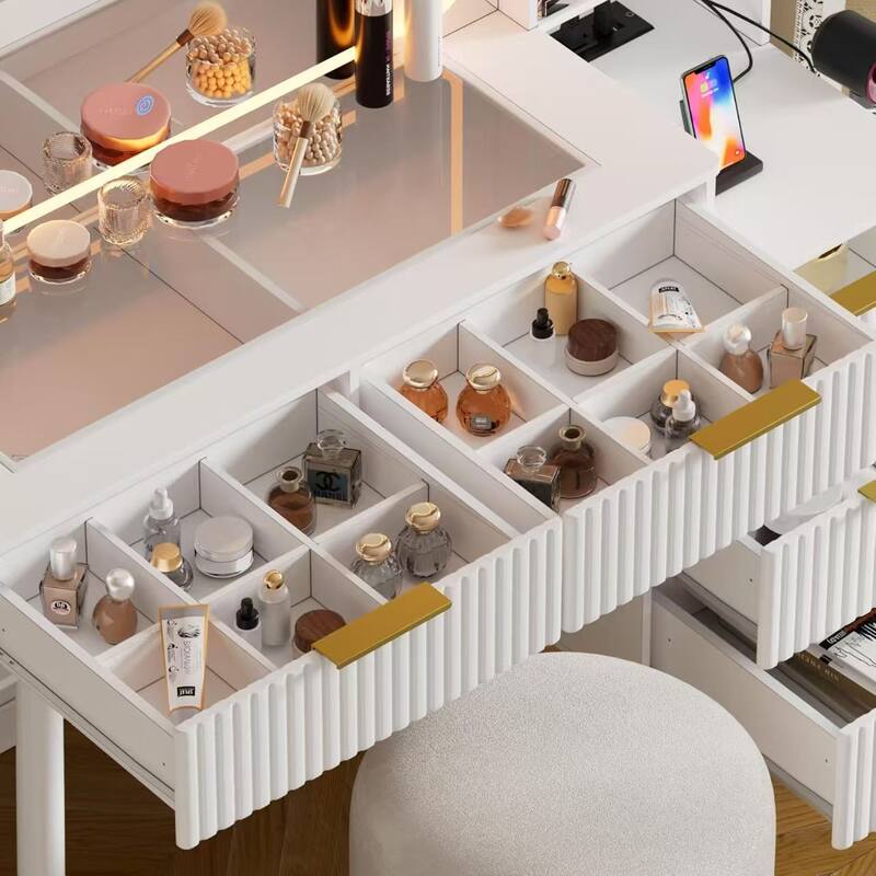 Vanity Desk with with Mirror and Lights,Makeup Vanity Table with Glass Top and Drawers&Cushioned Stool,Dressing Table