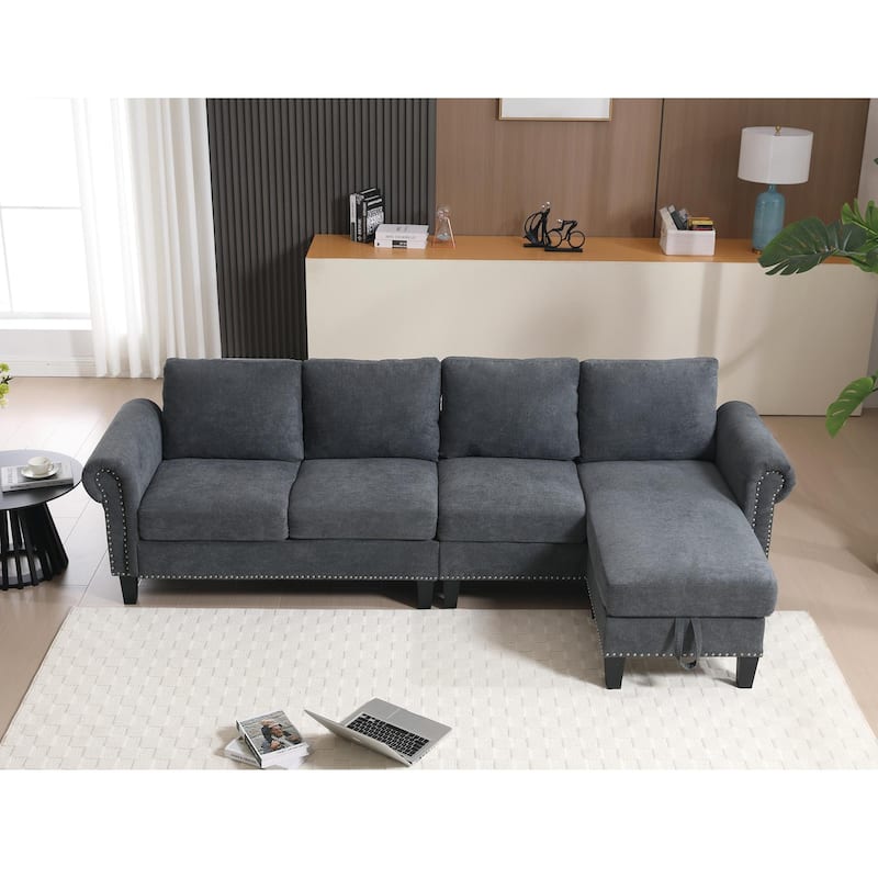 Linen Fabric Sectional Sofa, L-shaped Upholstered Sofa with Storage, Modern Rolled Arms Couch for living room