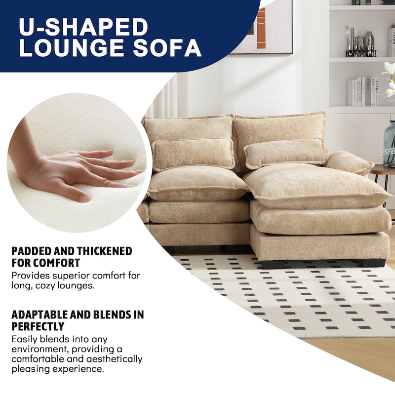 Chenille Upholstered U-Shaped Living Room Sectional Sofa With Wooden Legs
