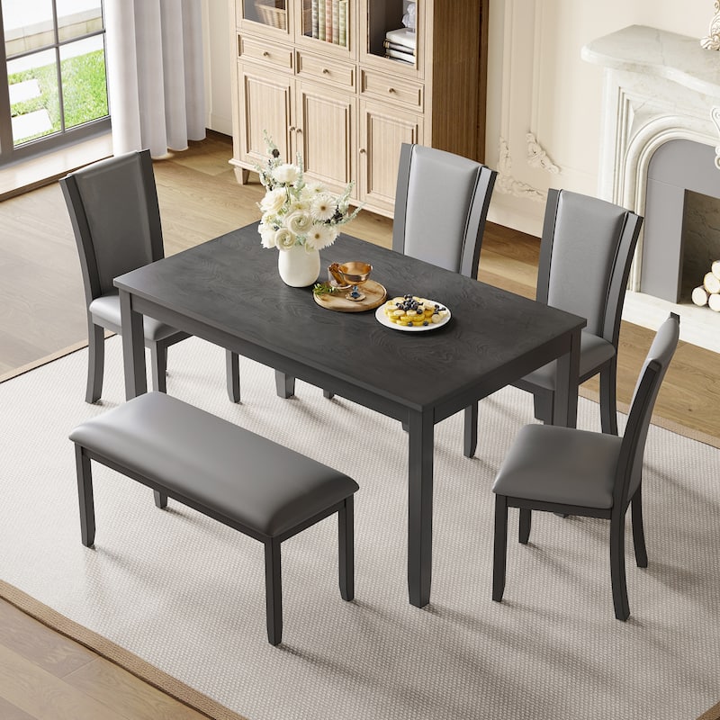 6 Piece Dining Table Set, Wooden Kitchen Table Chair Set with Rectangular Table, Bench and 4 Upholstered Chairs - Gray