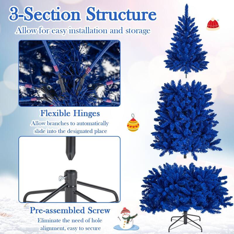 Gymax 7 FT Artificial Christmas Tree w/900 Branch Tips 340 LED Lights - Royal Blue