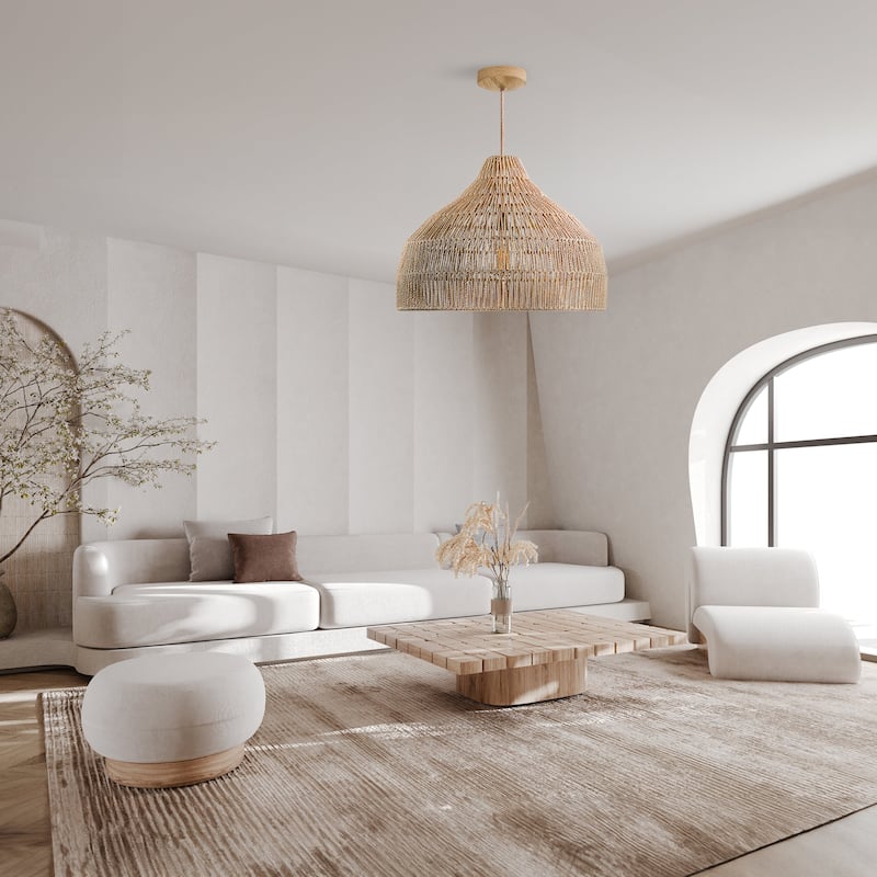 Dreamy Palm Fibers Pendant Light - Natural Dome 1-Light Handwoven Rattan Hanging Light For Modern, Boho, Farmhouse Room Decor