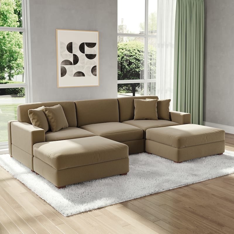 Modular Corduroy Sectional Sofa Set Chaise Couch with Ottoman